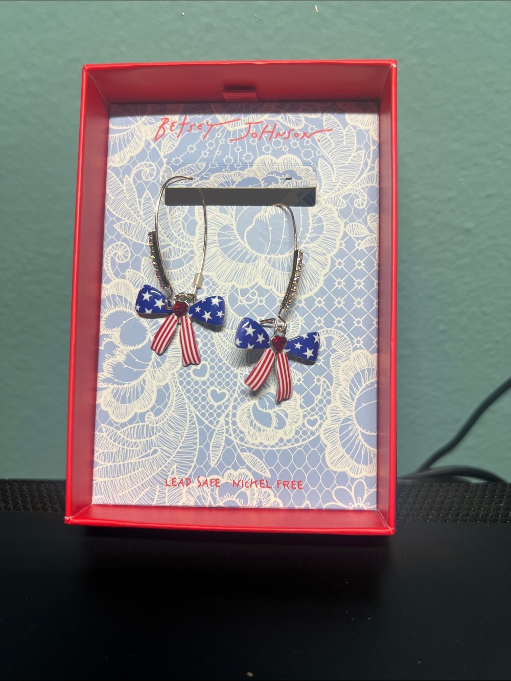 Betsey Johnson Red, White & Blue Star Bow Dangle Earrings